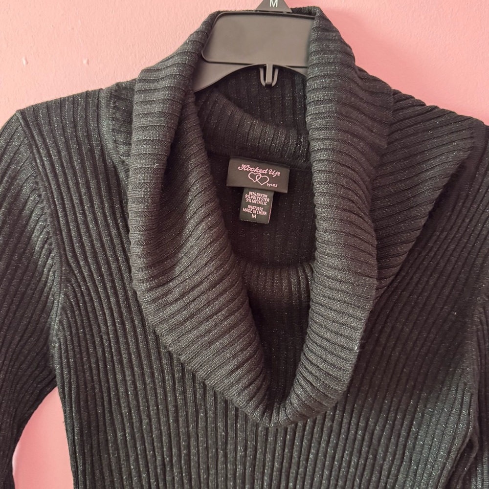 Hooked Up by IOT Metallic Black Cowl Neck Sweater with Ribbed Texture